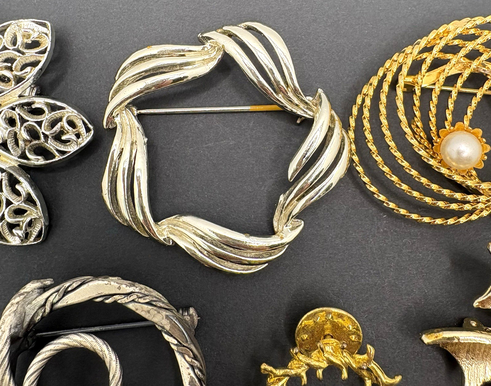 Vintage Lot of 11 Brooches Coro Unbranded Gold & Silver Tone Faux Pearl