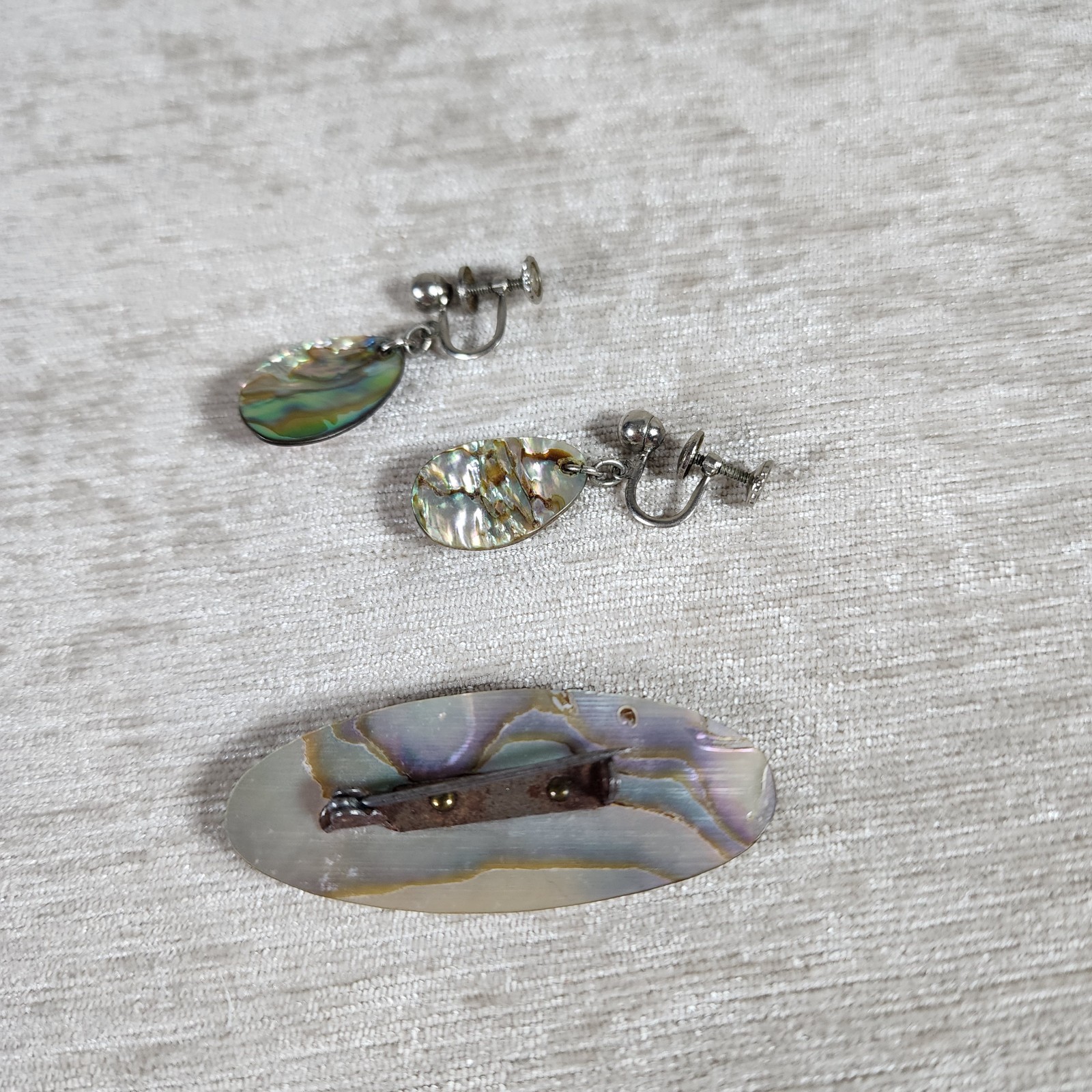 Vintage Abalone Shell Pin and Clip Earrings Set Nature Boho Earthy