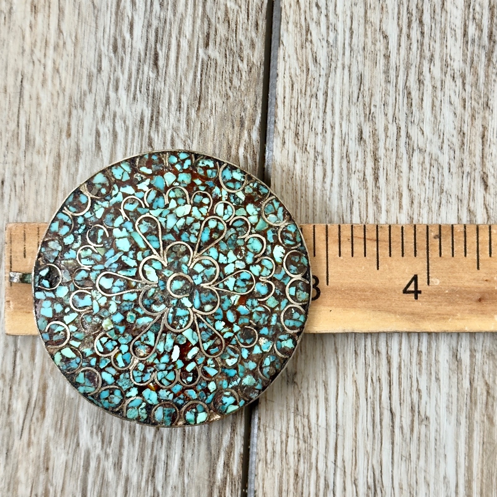 Vintage Mosaic Stone Chip Inlay Round Pendant Turquoise? Silver Tone Wire Work
