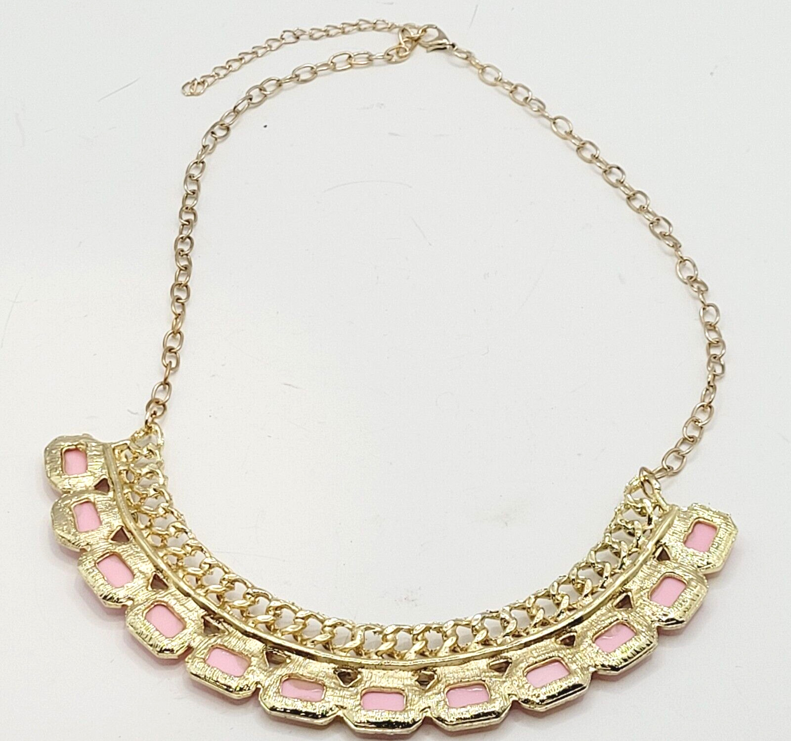 Fancy Rhinestone & Pink Acrylic with Milkglass Style Vintage Gold Tone Necklace