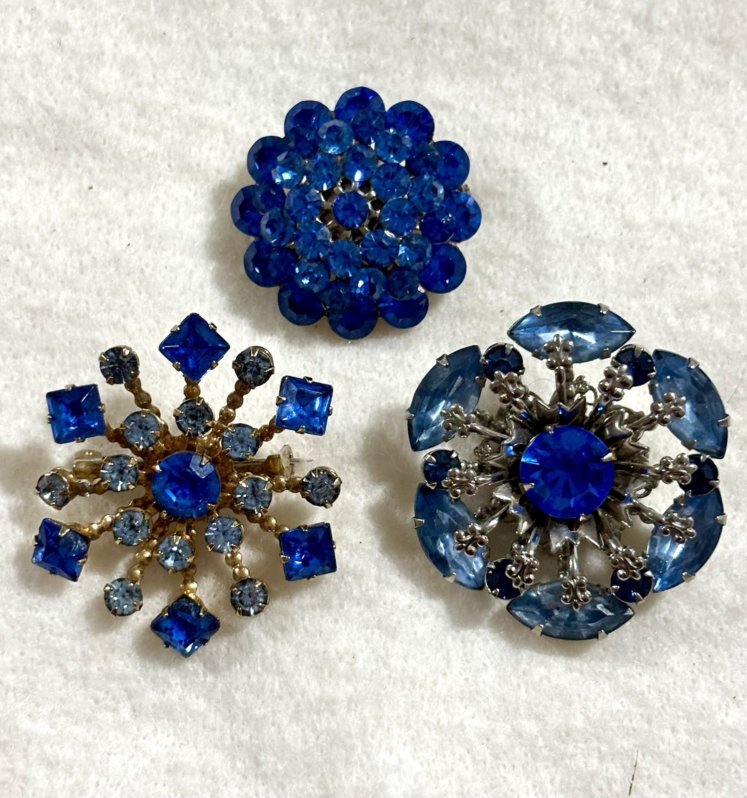 Vintage Blue Rhinestone Brooch Lot Atomic Starburst Navette Mid Century Glam