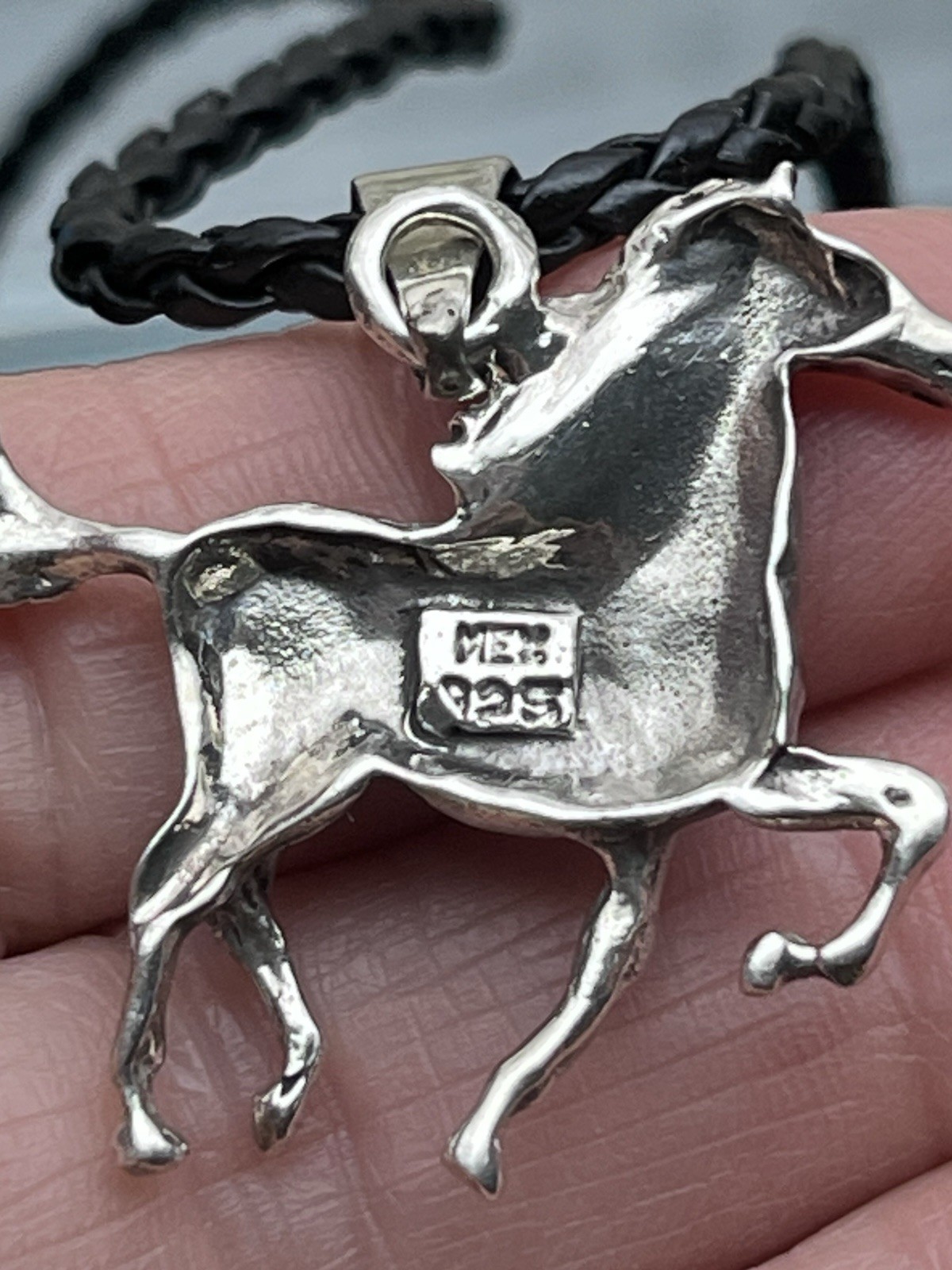 925 Signed Running Horse Pendant On black Leather Cord
