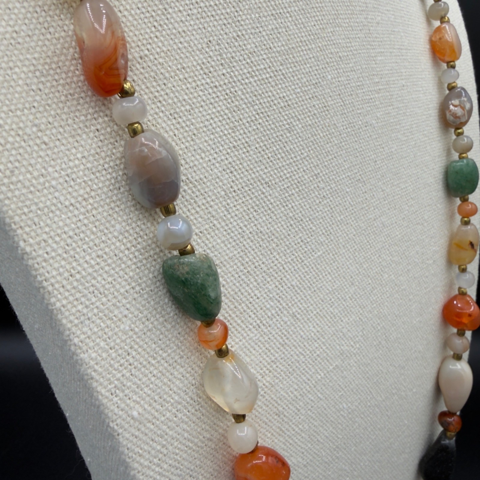Vintage Beggars Bead Necklace Polished Stone Fall Colors Opera Length 32″