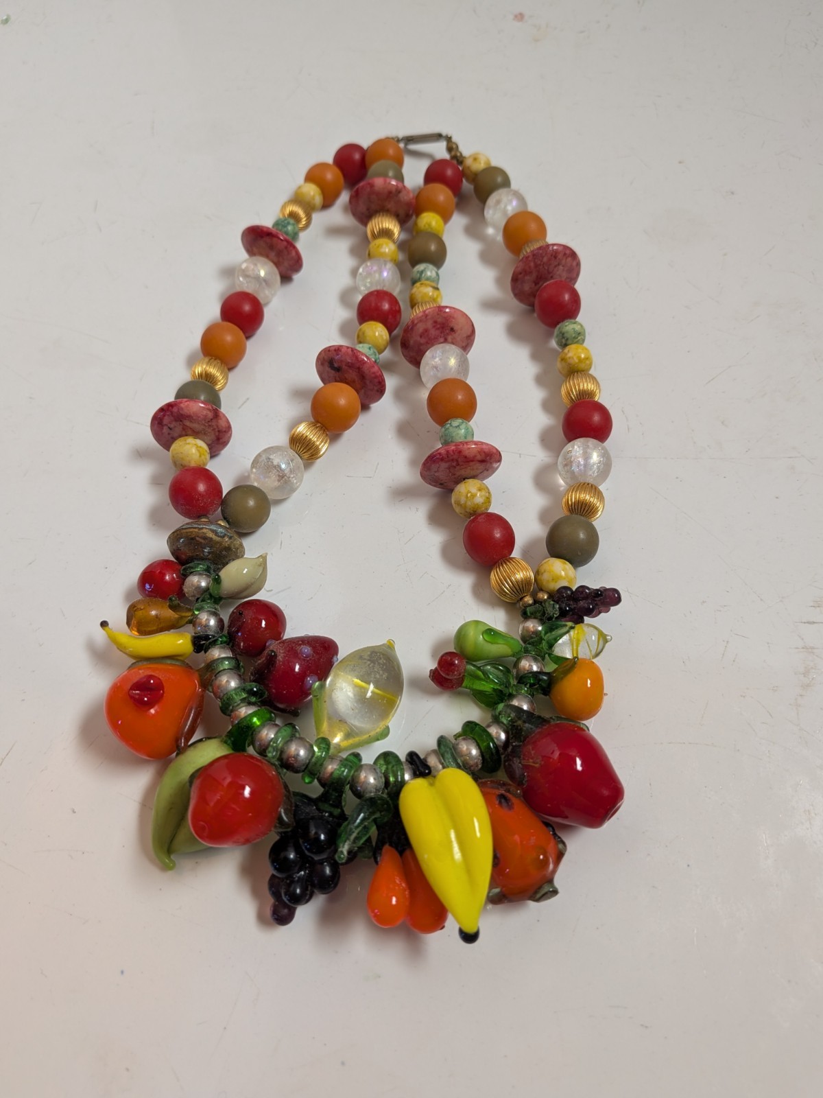 Vtg Fruit Salad Art Glass Fruit Dangle Charm Style Necklace Bananas Apple Grapes
