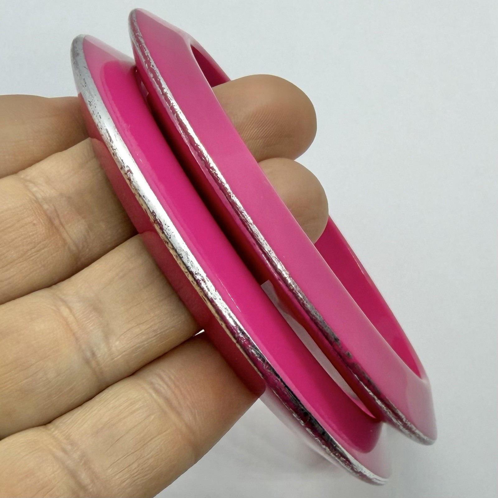 Vtg Pink Chrome Lucite Stacking 9 Inch Saucer Statement Bangle Bracelets Set