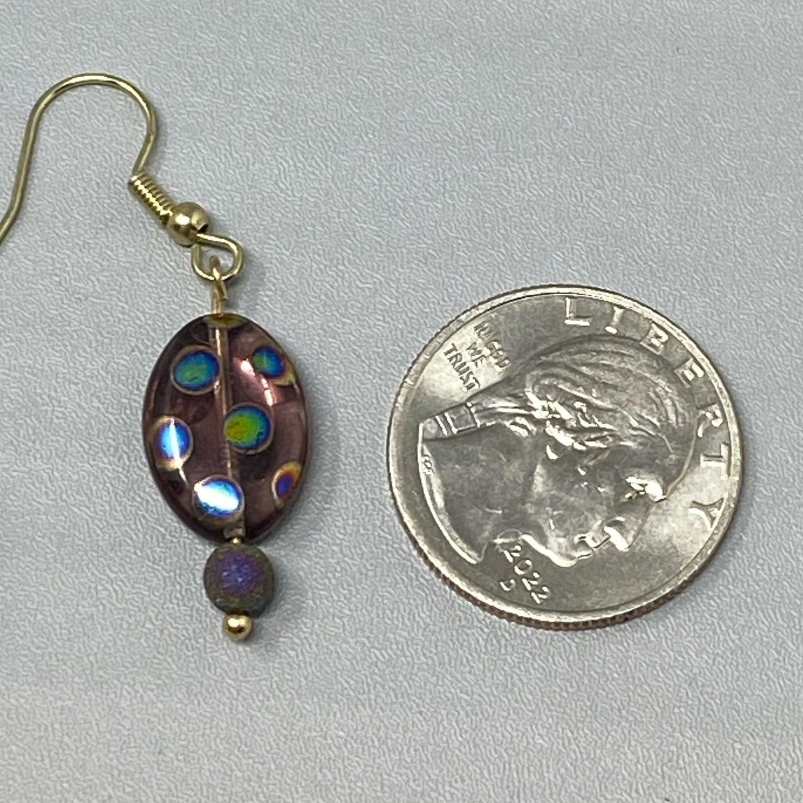 Purple Glass Bead Earrings Dangle Drop Pierced Peacock Iridescent Spotted Hook