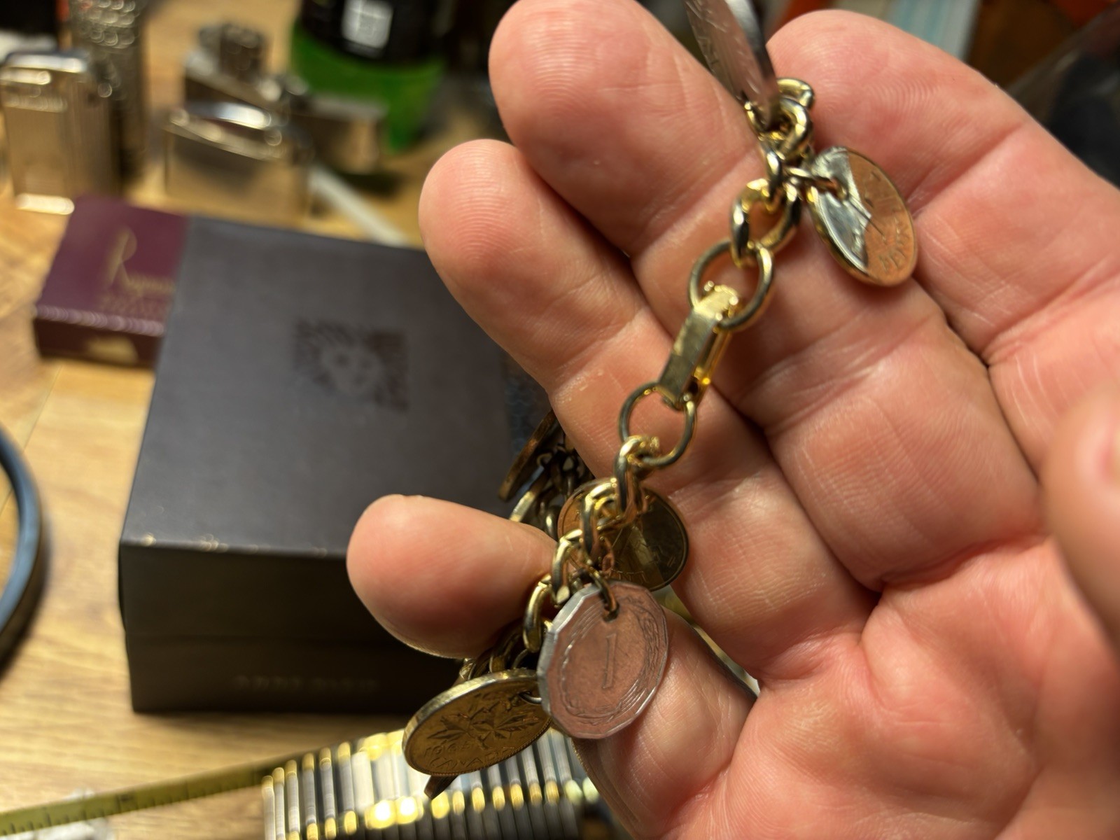Vintage 15 xx World Coin Charm Bracelet – Mixed Foreign Coins on Gold Tone Chain