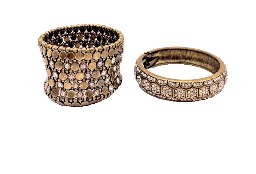 Set of 2 Vintage Gold Plated Adjustable Bracelets With Simulated Diamond Stones