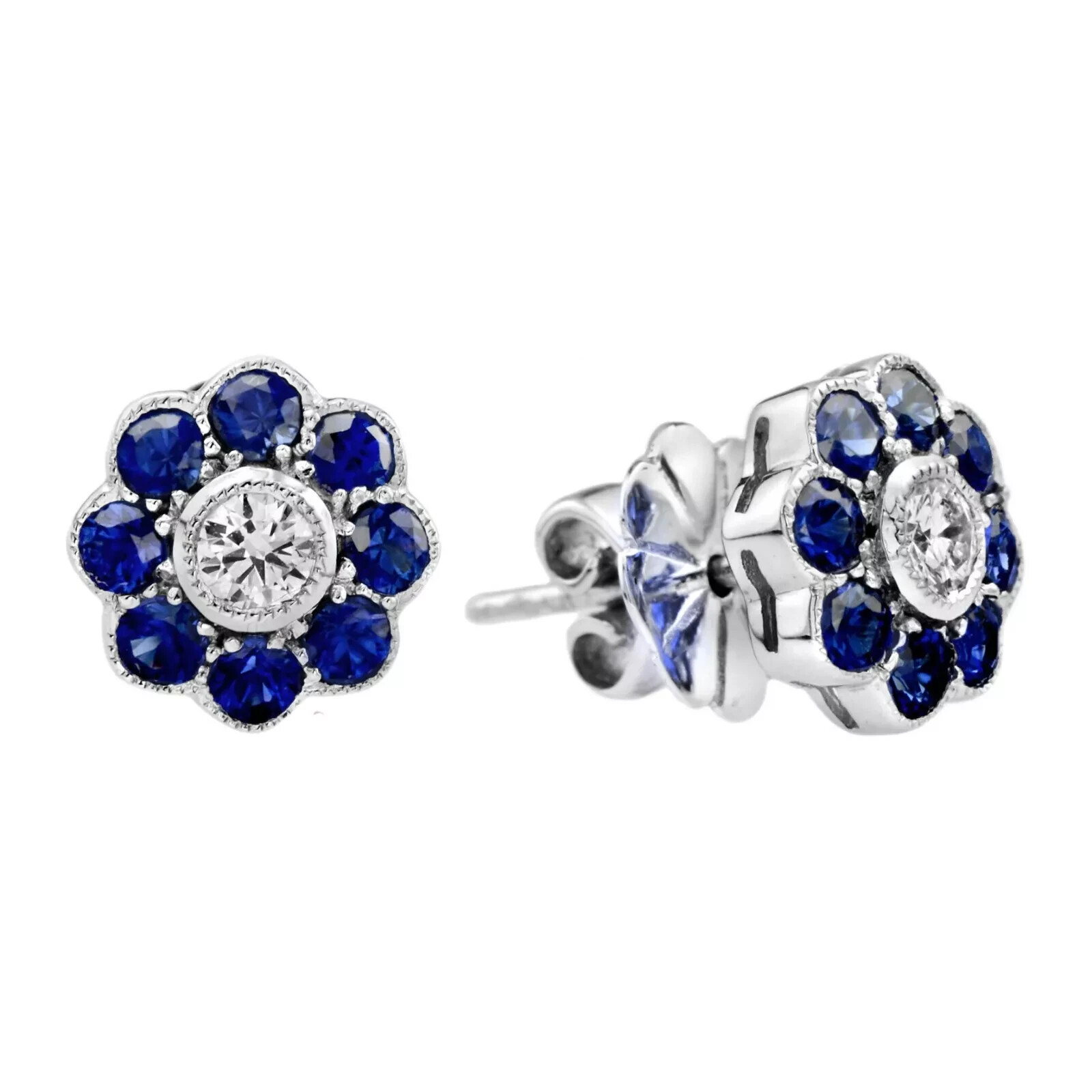 Art Deco Style Lab Created Diamond Sapphire Women Stud Earring 14K White Gold FN