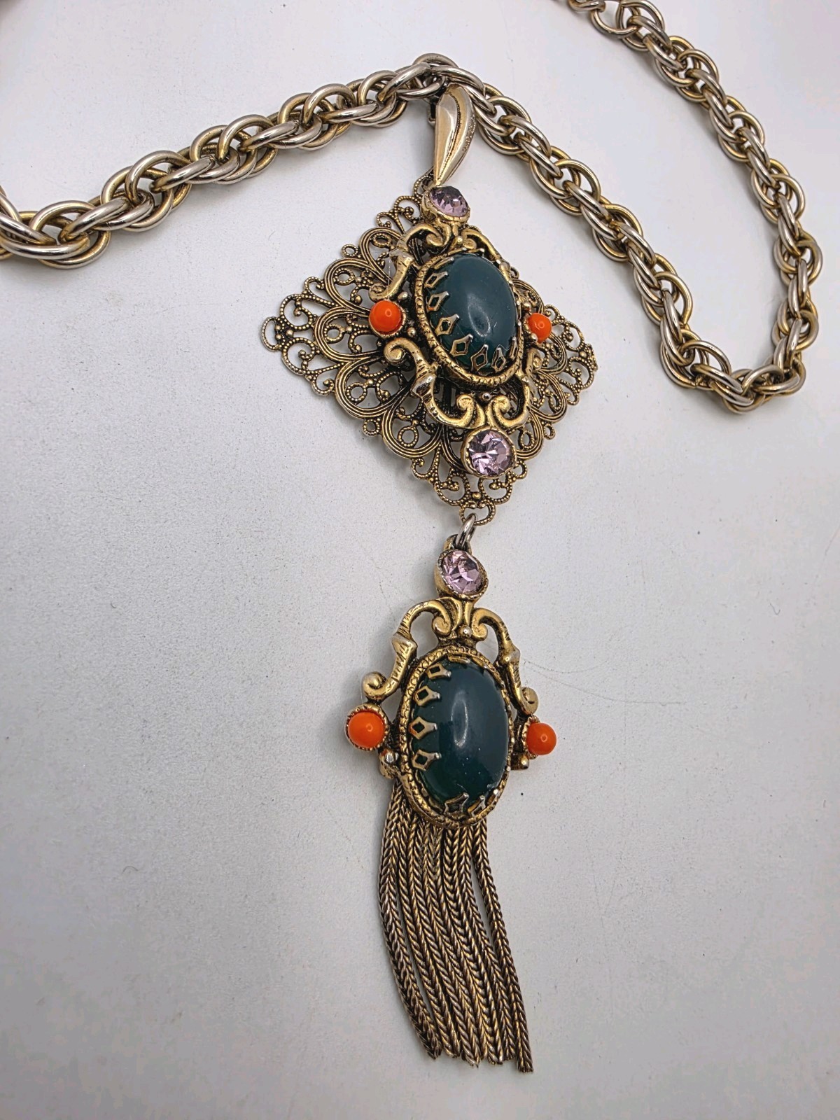 Vintage Large Green, Orange Cab & Purple Crystal 2 Tier Tassel Necklace – READ