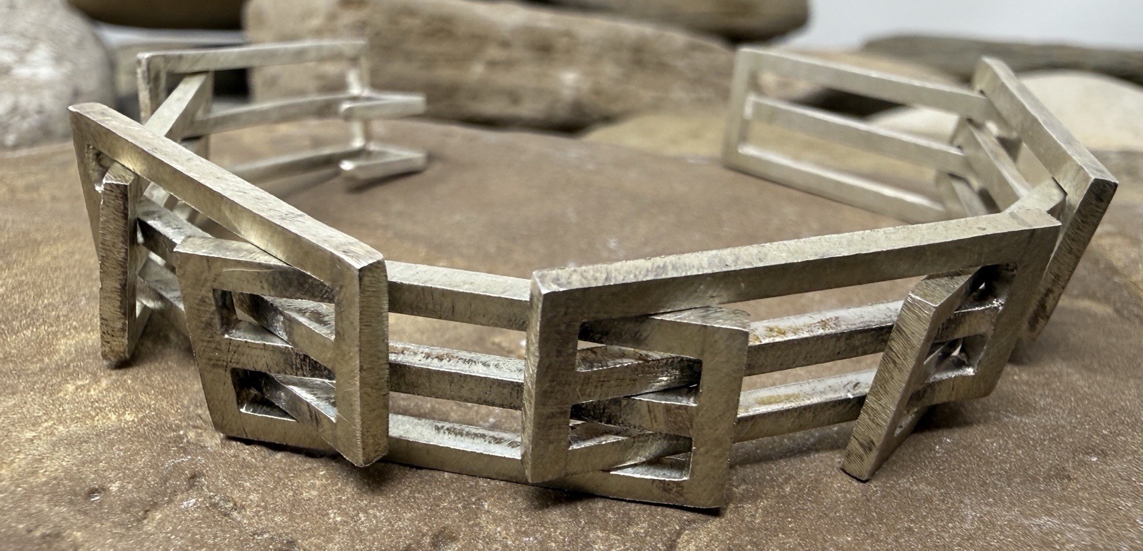 Mid Century Modernist Artisan Sterling Silver Rectangle Sculptural Bracelet 6″