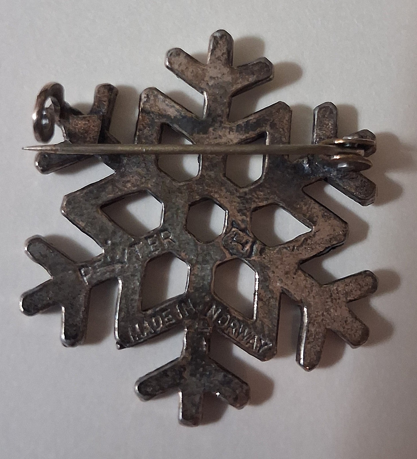 Vintage Norway Snowflake Pewter Brooch Signed 1 1/2 inch