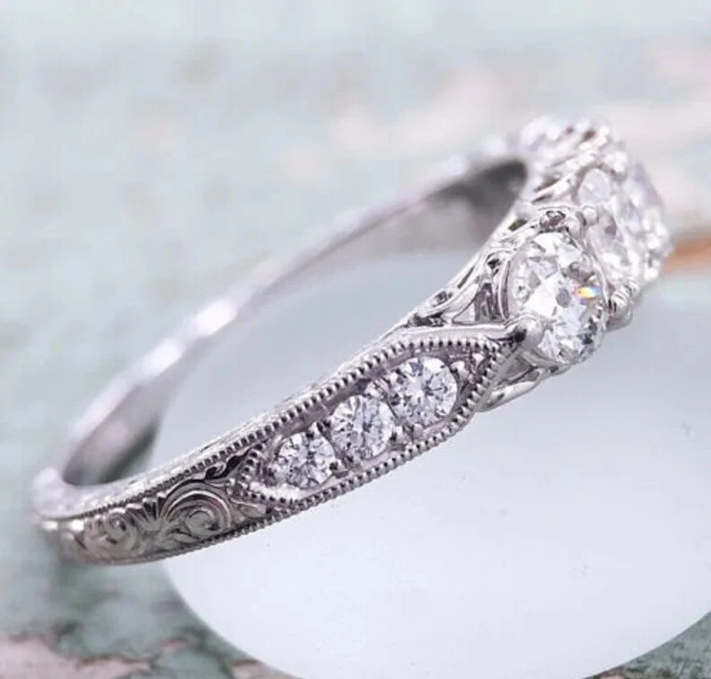Art Deco 1.3CTW White Round Moissanite Antique Five Stone Ring In 14K White Gold