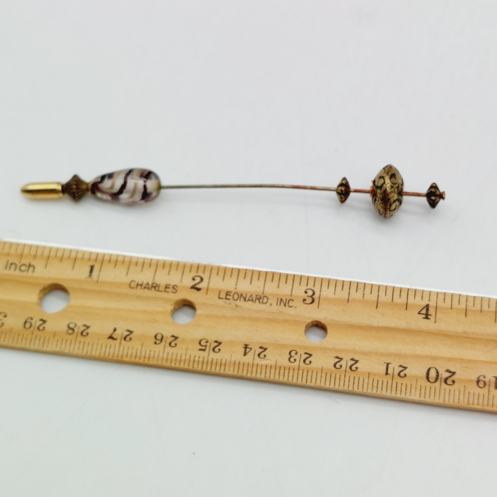 Vintage Murano Hand Blown Swirl Glass Hat Pin White Brown 4″