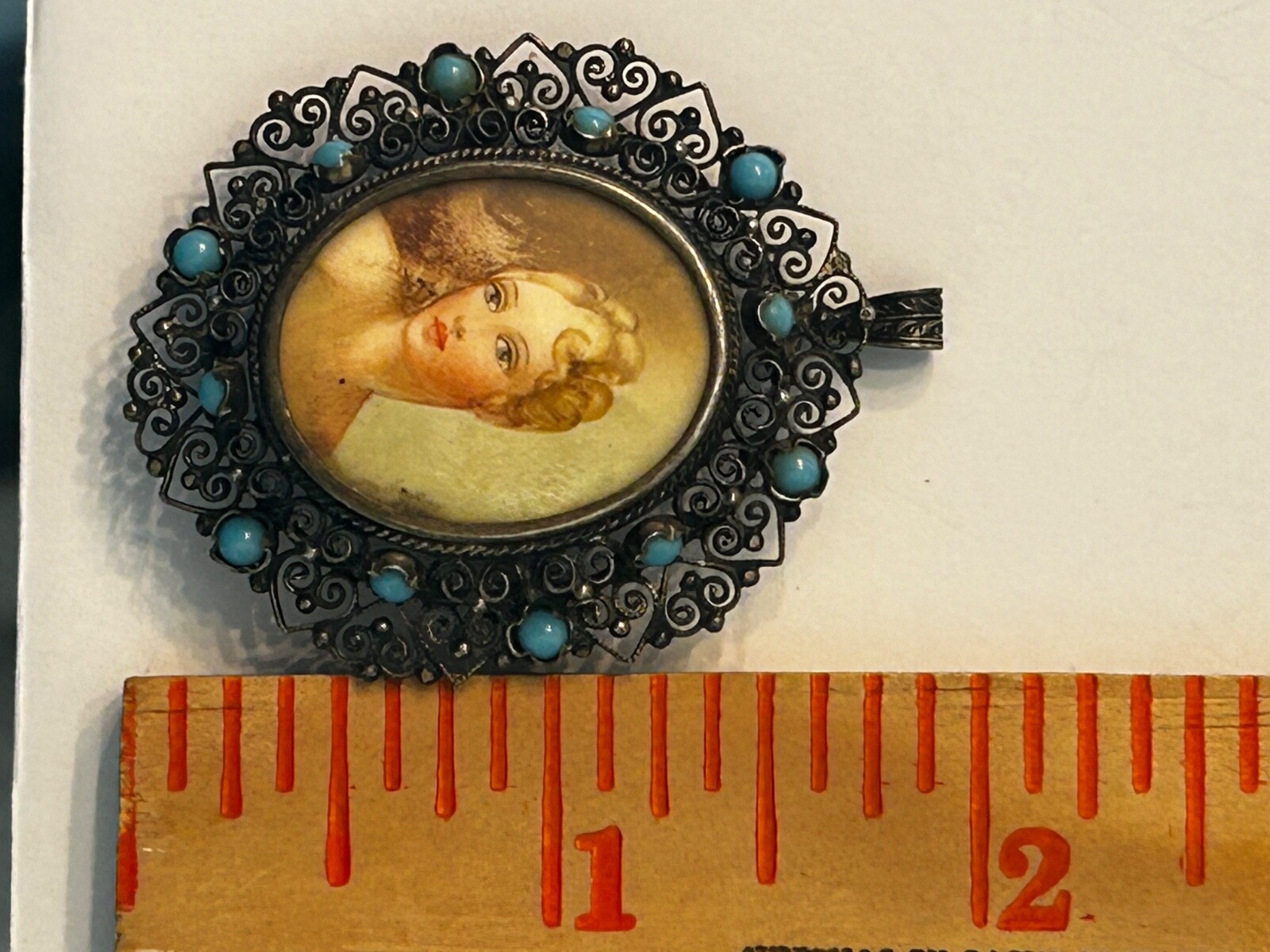VTG Art Nouveau 800 Silver Hand Painted Lady Miniature Portrait Brooch Pin