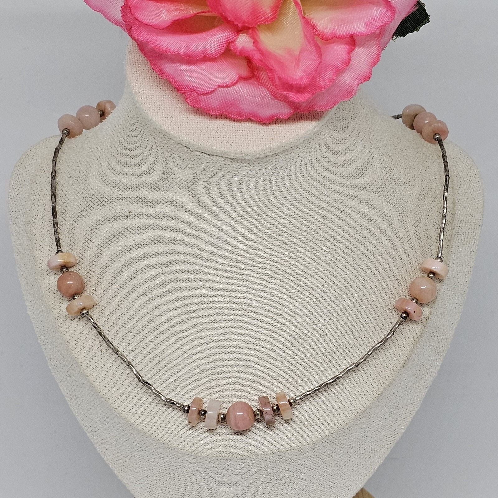 925 Sterling Silver – Round Pink Agate Beaded Chain Choker Necklace 16.5″ Long