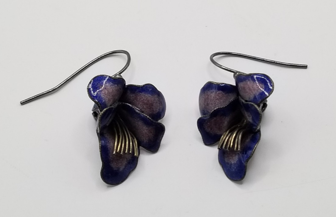 Vtg 925 Sterling Silver Purple & Blue Enameled 3D Pansy Flower Dangle Earrings
