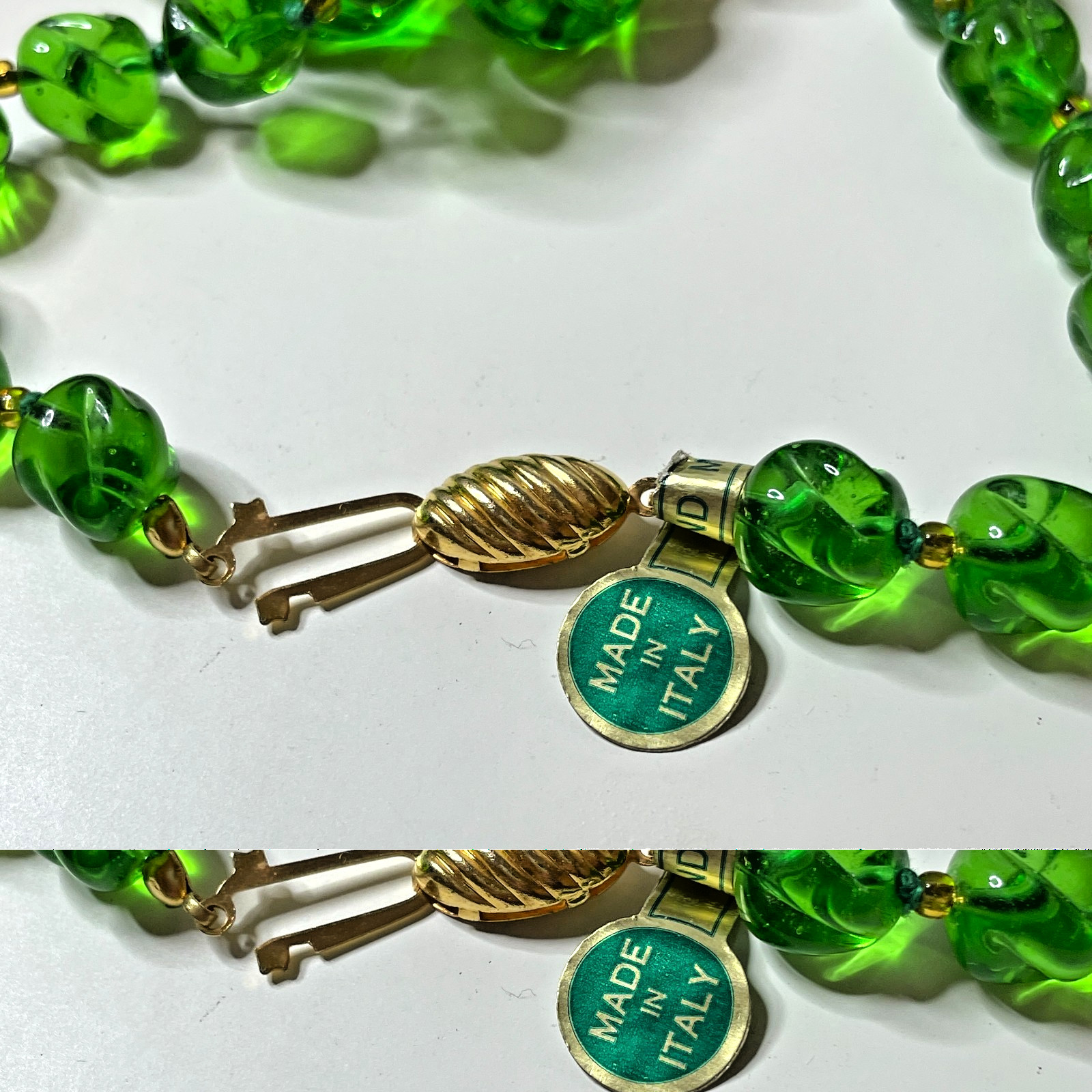 Vtg MURANO Chunky Glass Bead Necklace w Tag Handmade Italy Green Gold Foil NWT