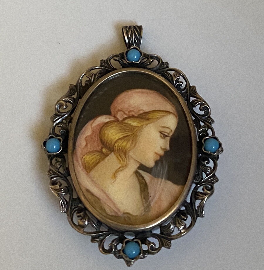 Vintage 800 Silver Filigree Blue Glass Hand Painted Portrait Brooch or Pendant