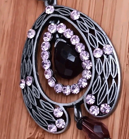 Vintage gunmetal pendant W/ pink rhinestones & purple/pink bead accents, 18-21″