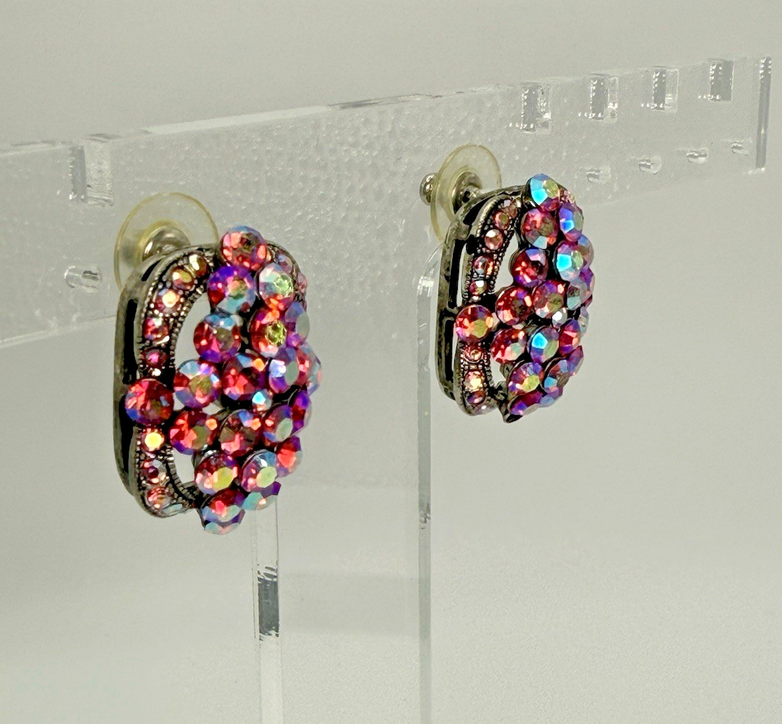 Vintage AB Rhinestone Cluster Earrings Pink Purple Aurora Borealis Gunmetal