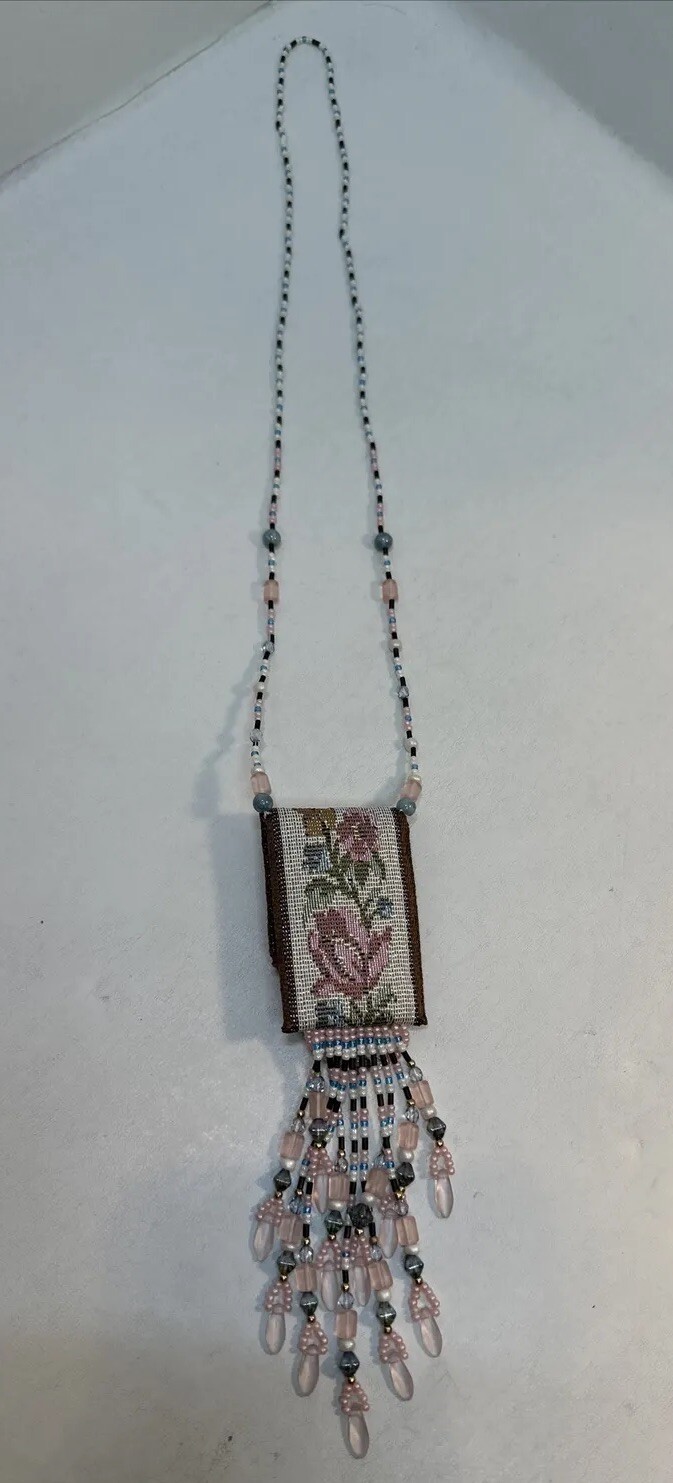 Vintage Needlepoint Handmade Purse Seed Bead Necklace Beaded Fringe-Bo Ho-Hippie