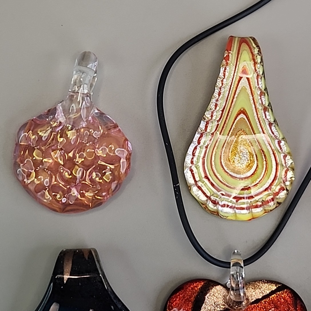 Vintage Glass Pendant Lot of 8 Red Artisan Foiled Fused One Cord