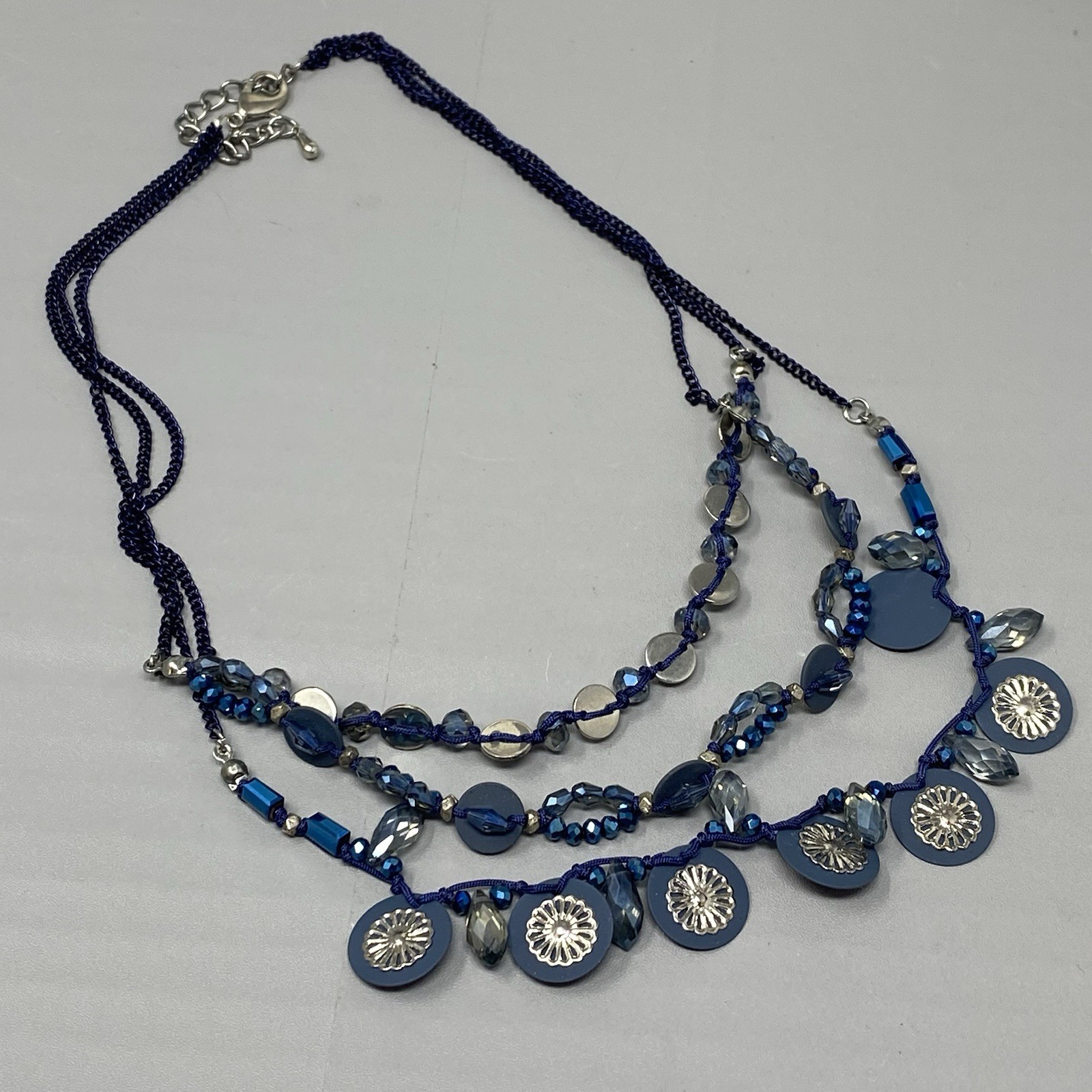 Blue Fringe Glass Beaded Necklace Layered Enamel Faceted Coated Bohemian 18″