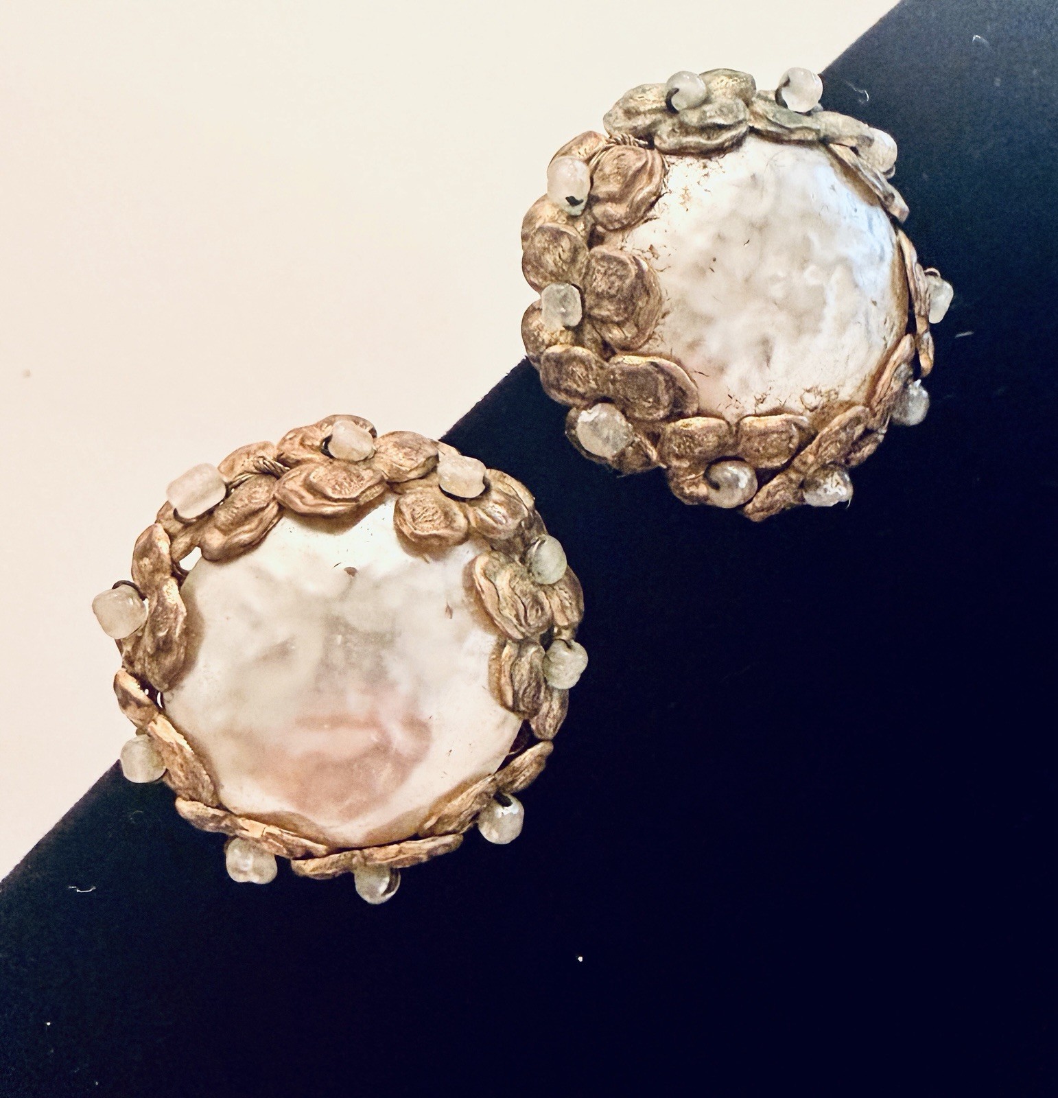 Vintage Miriam Haskell Brass Filigree Faux Pearl Clip On Earrings Mid Century