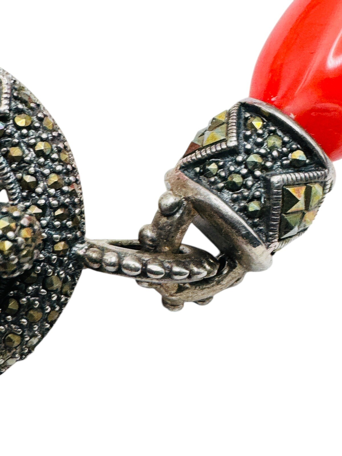 Sterling Silver Red Stone Marcasite Necklace Large Toggle Clasp 18″