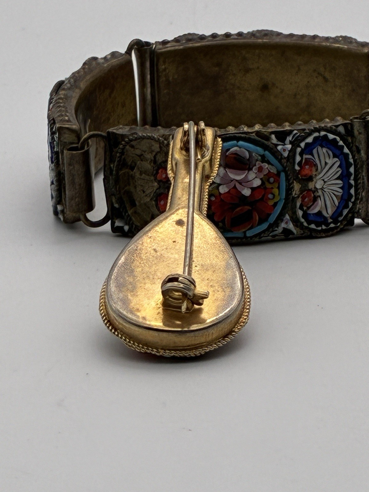 Vintage Micro Mosaic Wildflower Italian Brass Panel Bracelet 8” & Pin Read Desc.