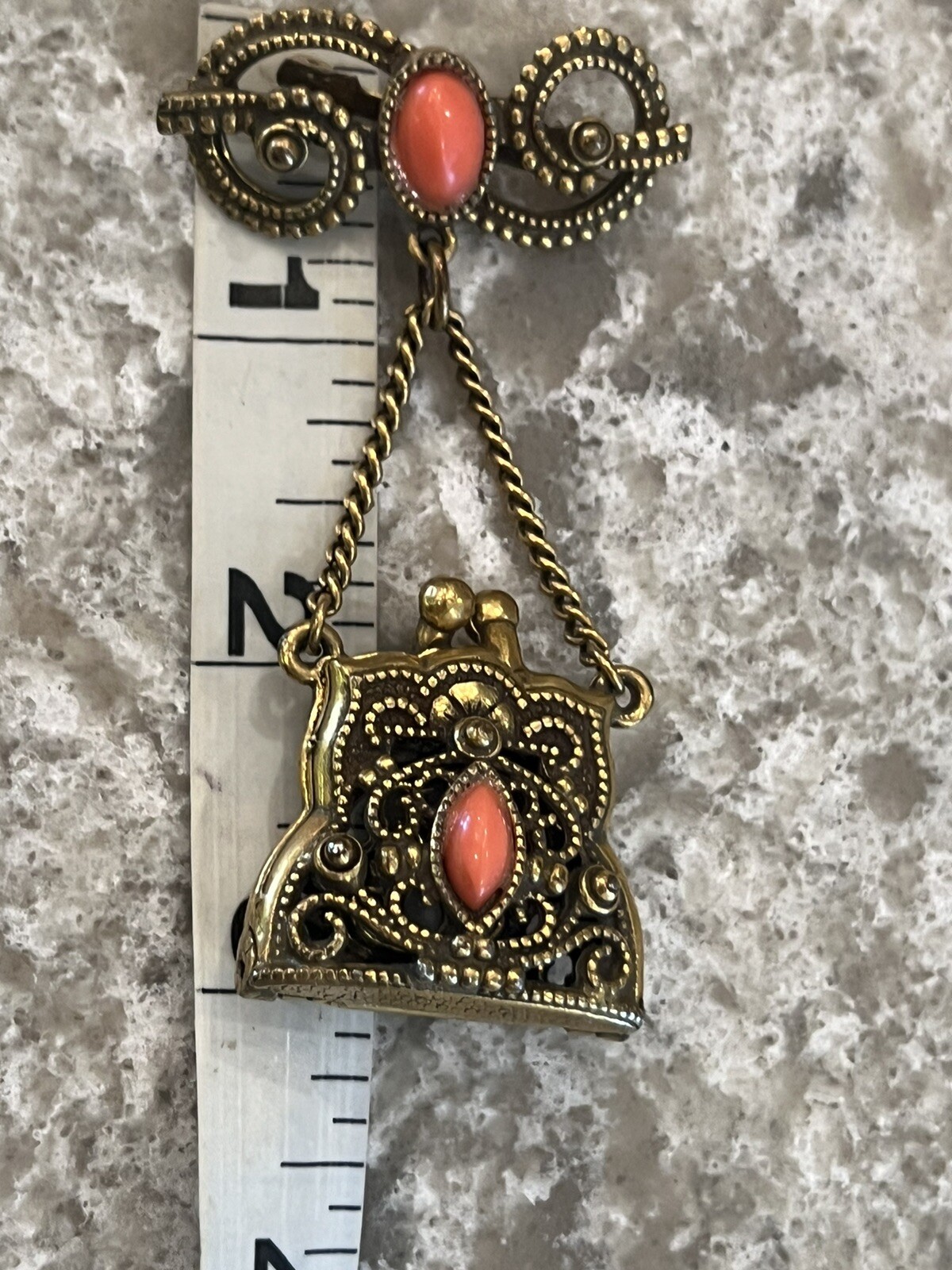 Pin Brooch Filigree Purse Coral Color Stone Dangle Pin