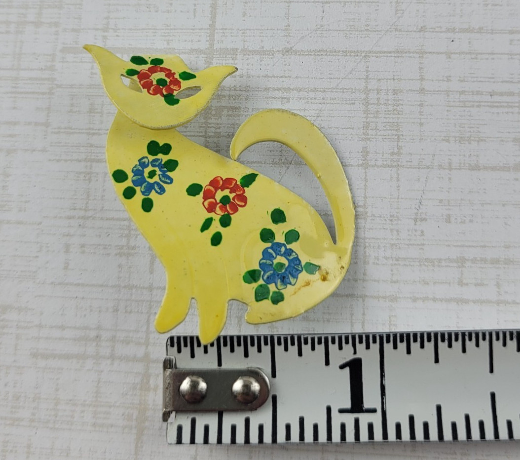 Cat Brooch Metal Enamel Painted Flowers Yellow Multicolor Prettier In Person