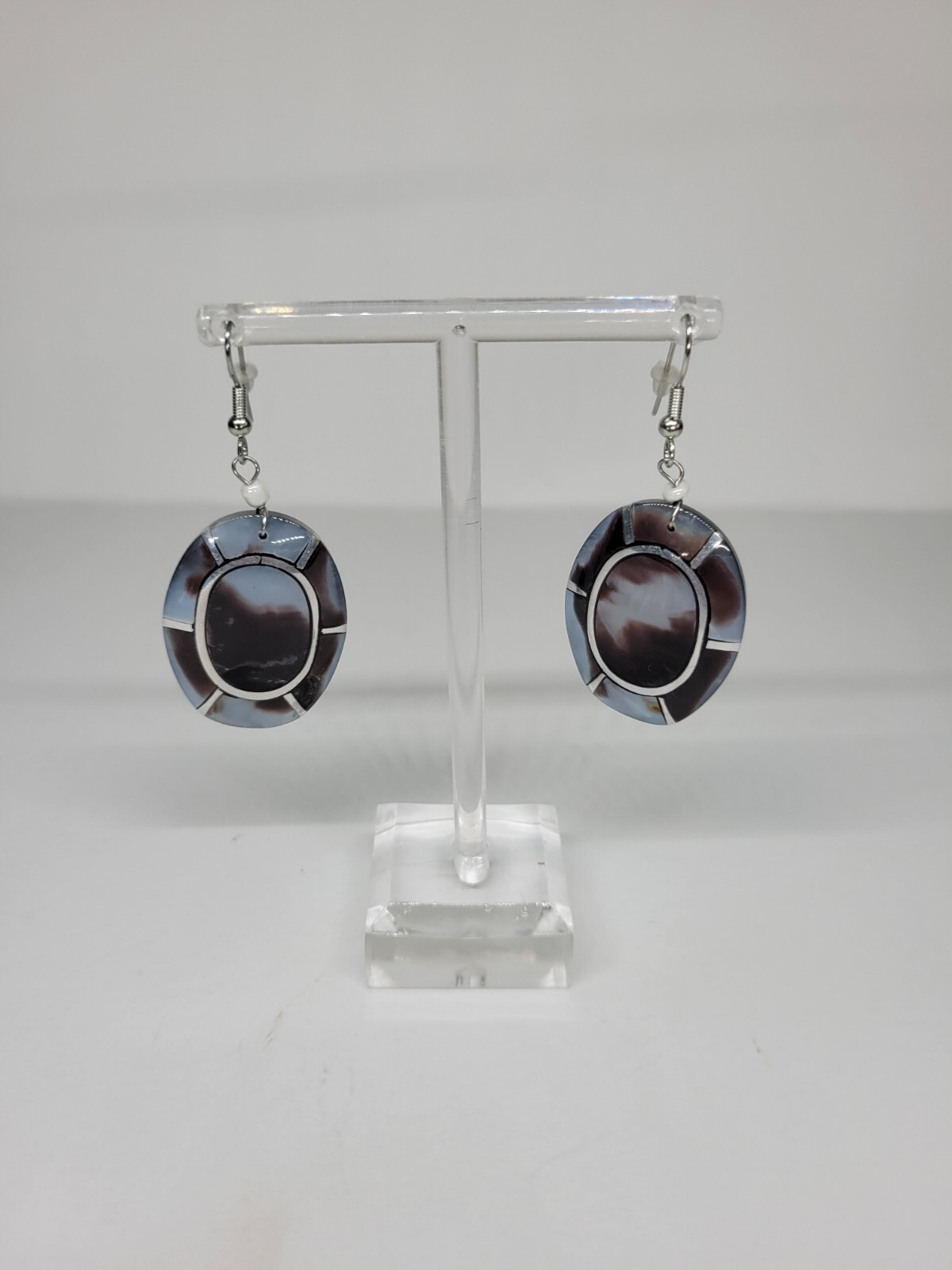 Shell and Metal Mosaic Acrylic Inlay Lee Sands Style Dangle Pierced Earrings