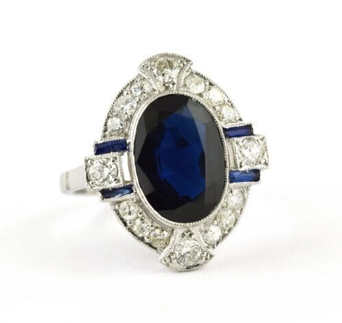 Art Deco Style Oval Lab Created Sapphire Diamond Wedding 14K White Gold FN Ring