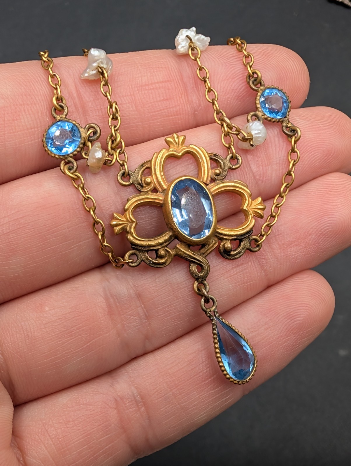 AMAZING Art Nouveau Era Festoon Blue Glass Pearl Antique Vintage Necklace 16″