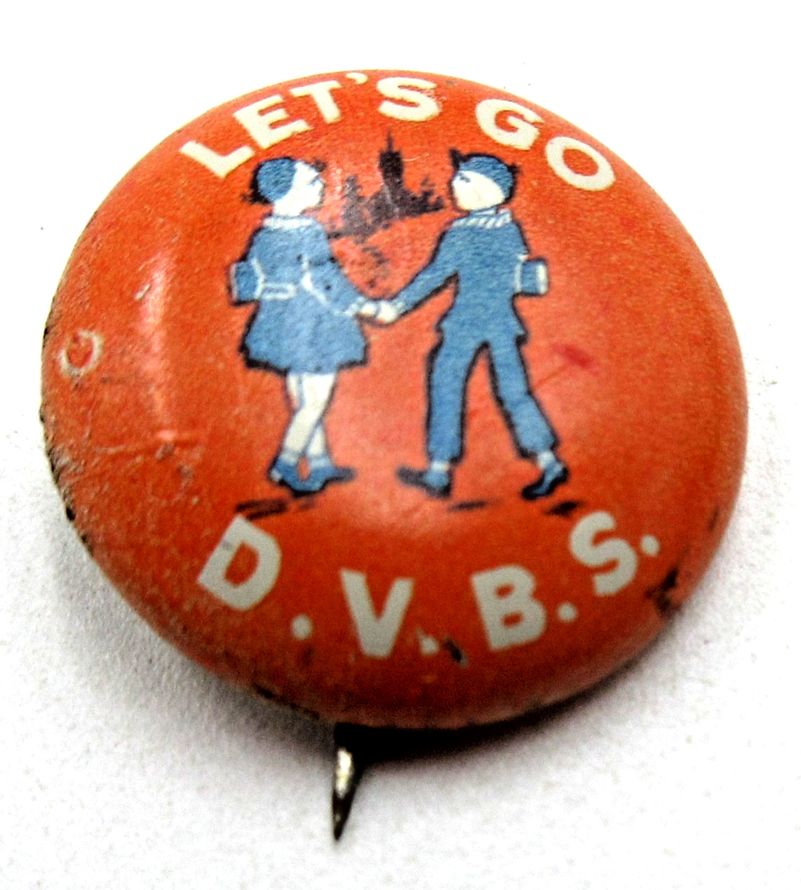 VTG OLD 5/8 GOSPEL SOUVENIR HOUSE MI Lady man DAILY VBS VACATION BIBLE STUDY Pin