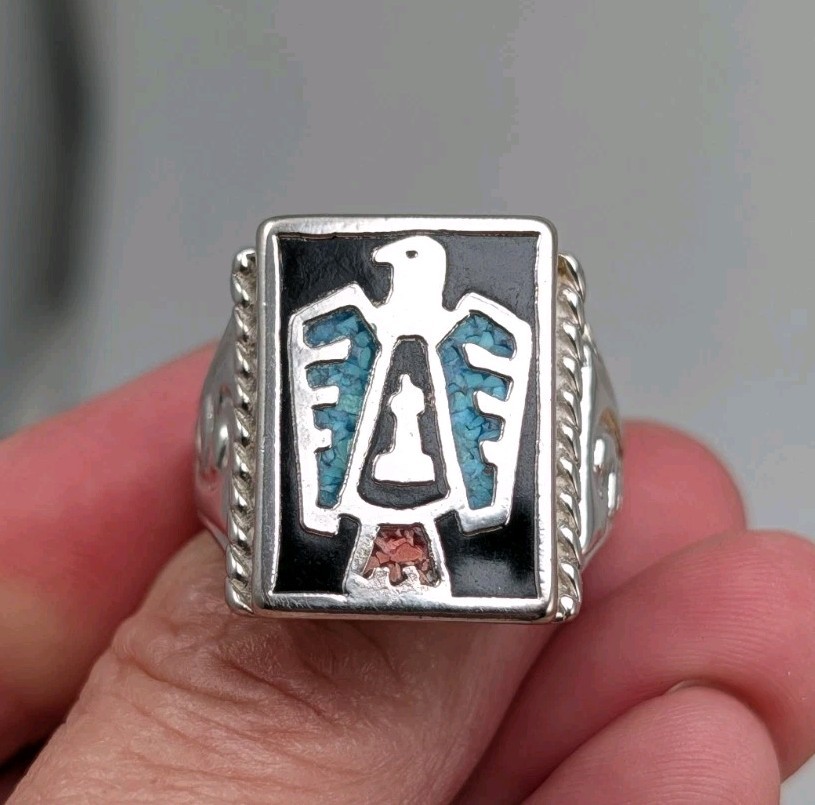 Vintage Silver Plated Native American Thunderbird Stone Chip Inlay Ring Sz 9.75