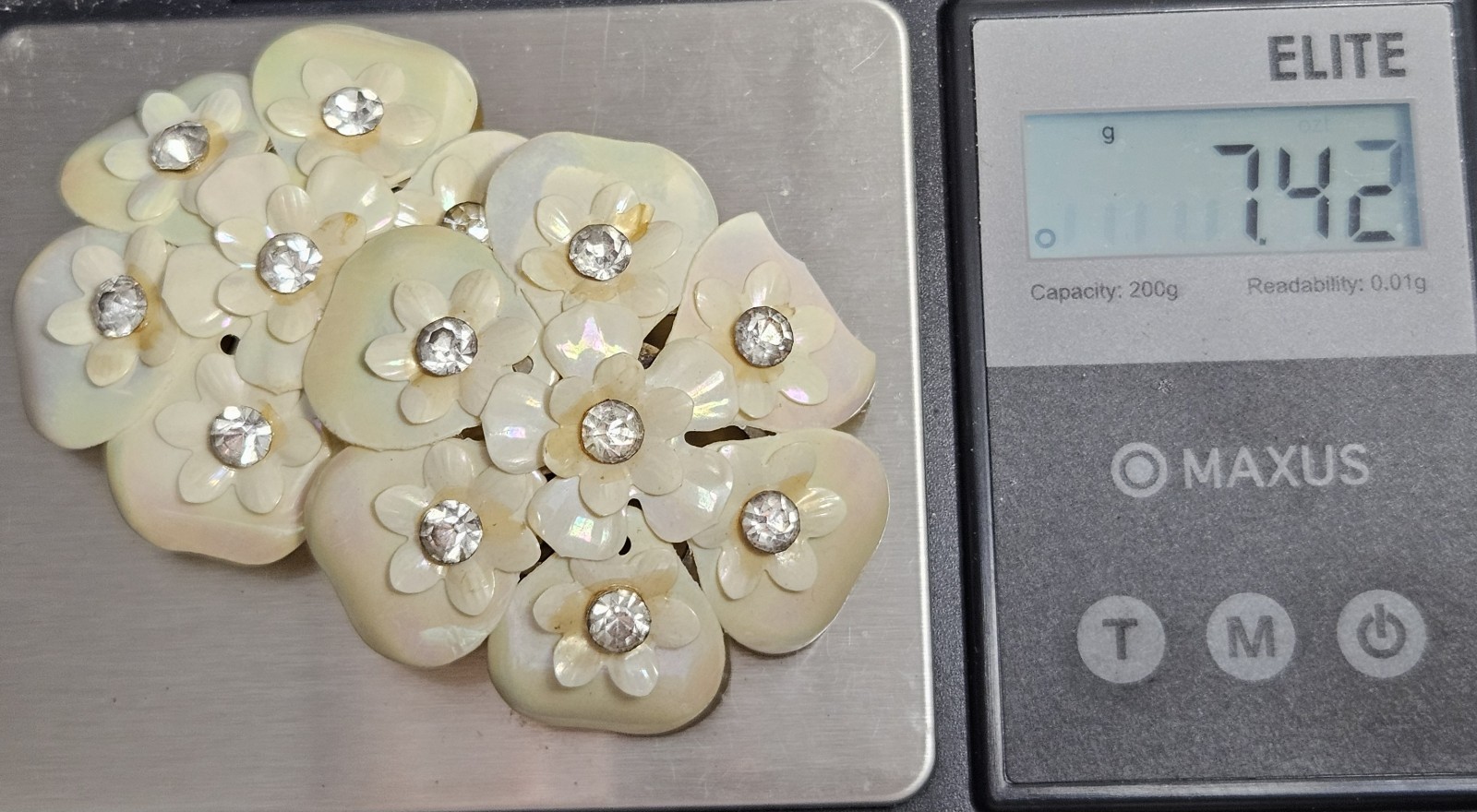 Vintage Floral Cluster Clip On Earrings Iridescent Petal Design with Rhinestone