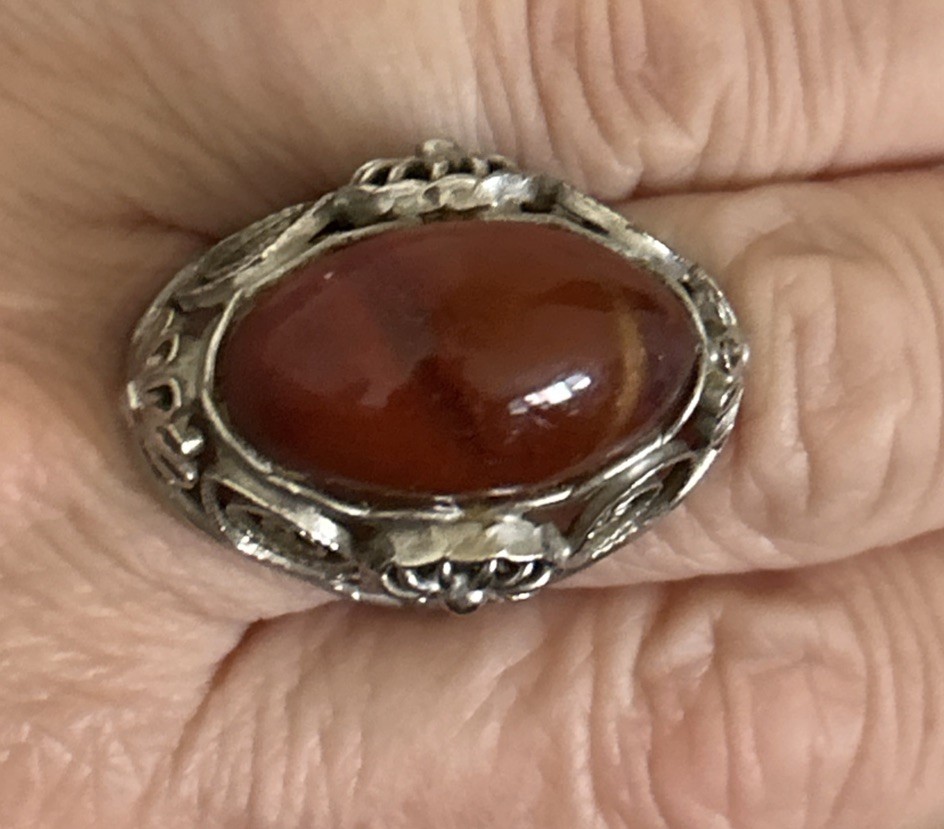 Antique silver plated brass amber ring size 7