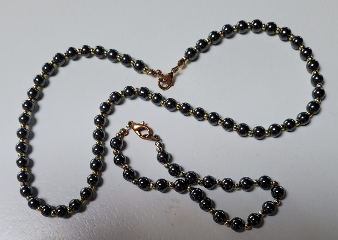 Vintage 20cm Gold Tone Black Hematite Stone 6mm Bead Bracelet & 45cm Necklace