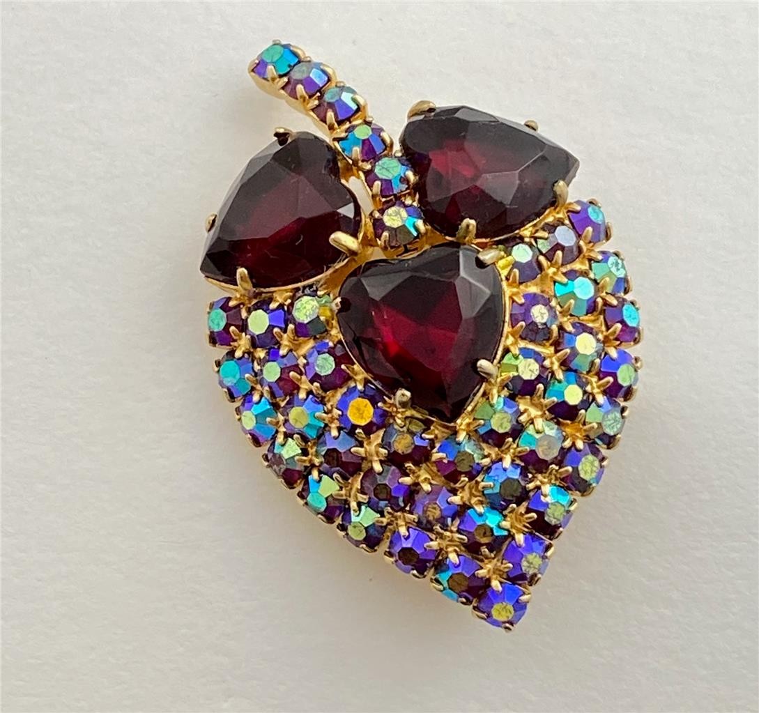 Vintage Red Heart Faceted Glass Leaves & AB Red Rhinestones Fruit Brooch Pin