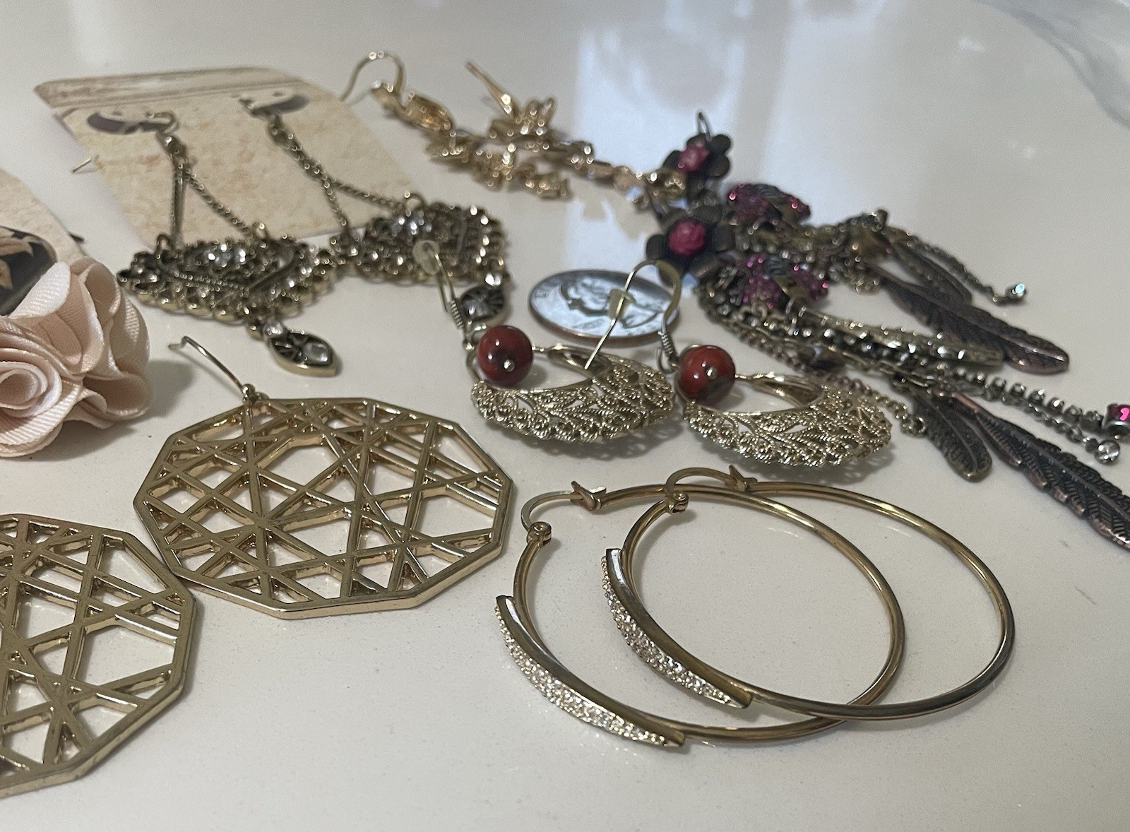 Vintage Costume Jewelry Earrings Lot (9 Pairs) Boho Fairy Dangle Hoops Retro