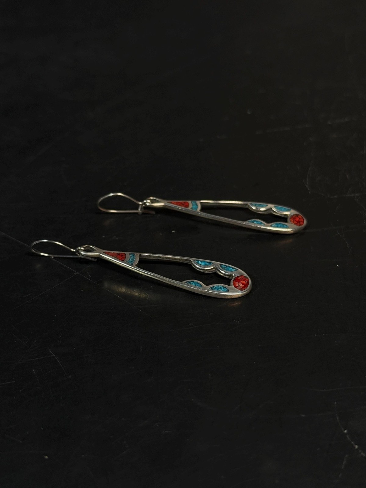 Southwestern Sterling Silver Turquoise Coral Inlay Drop Earrings