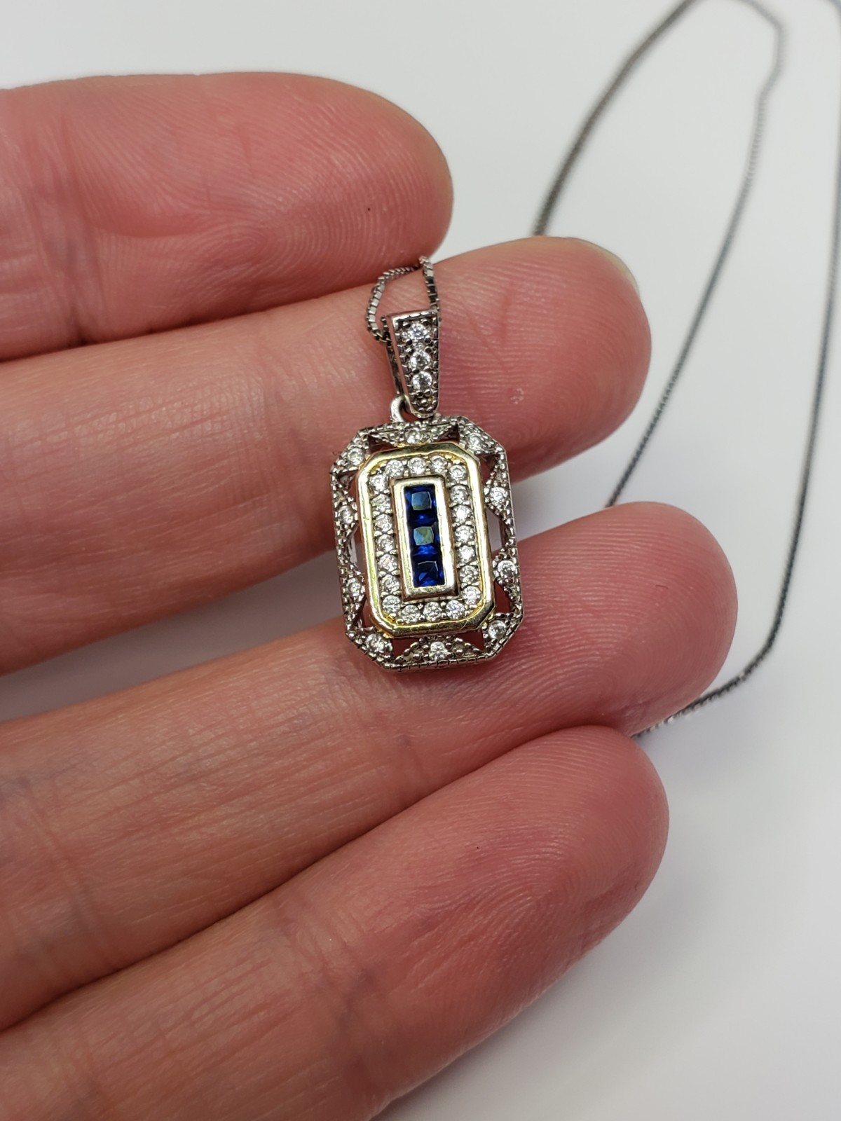 Art Deco Style Sterling 925 Blue Sapphire Lab Diamond Pendant Ring Set Size 7.75