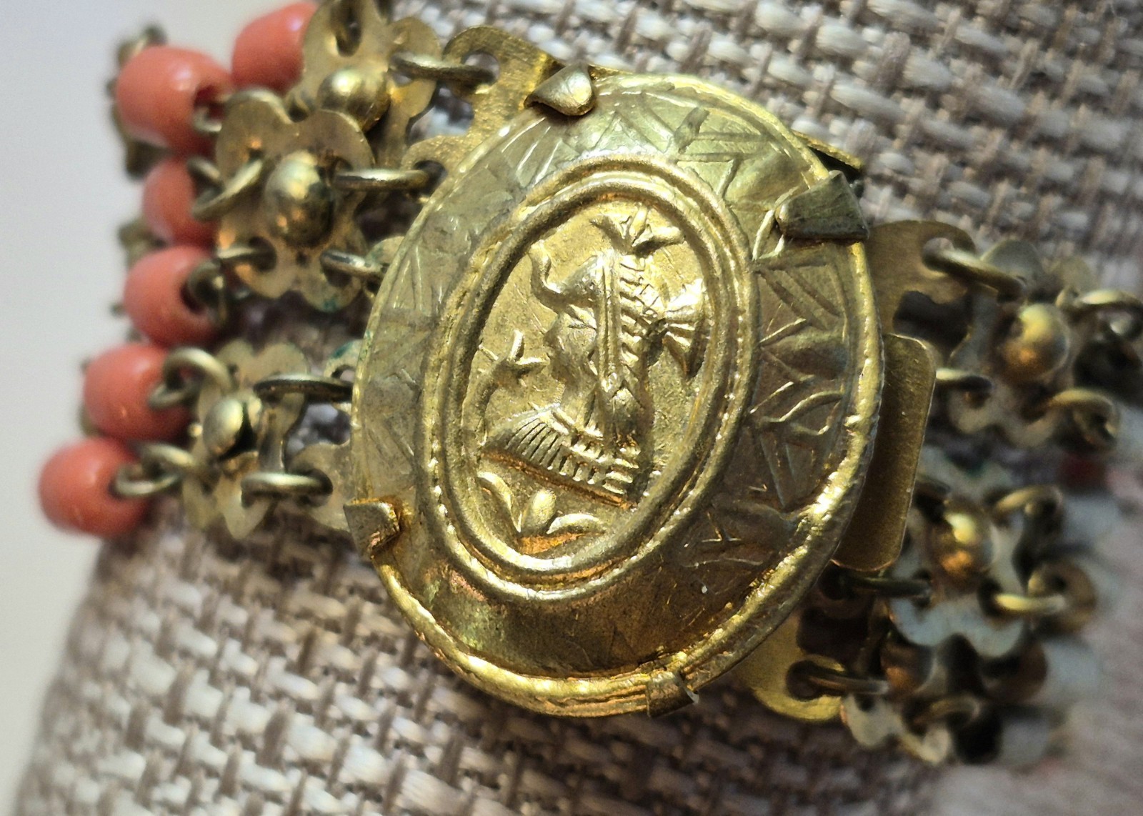 Vintage Egyptian Revival Faience Style Bib Necklace & Bracelet Brass Tone READ