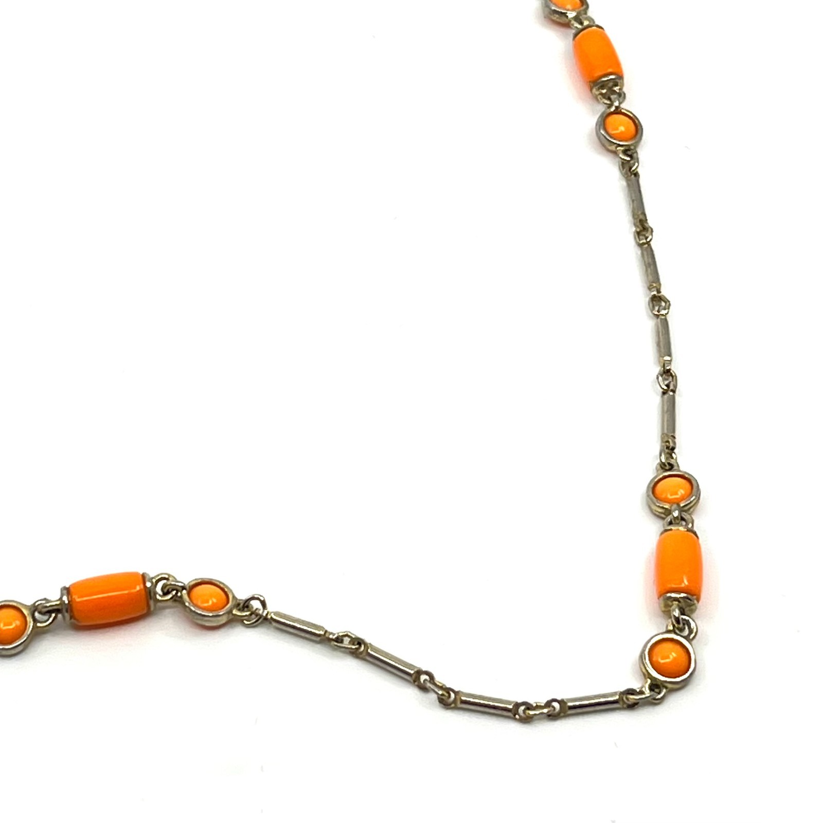 Vintage Orange Enamel Bar Link Station Necklace Silver Tone Mod 36″ Spring Ring