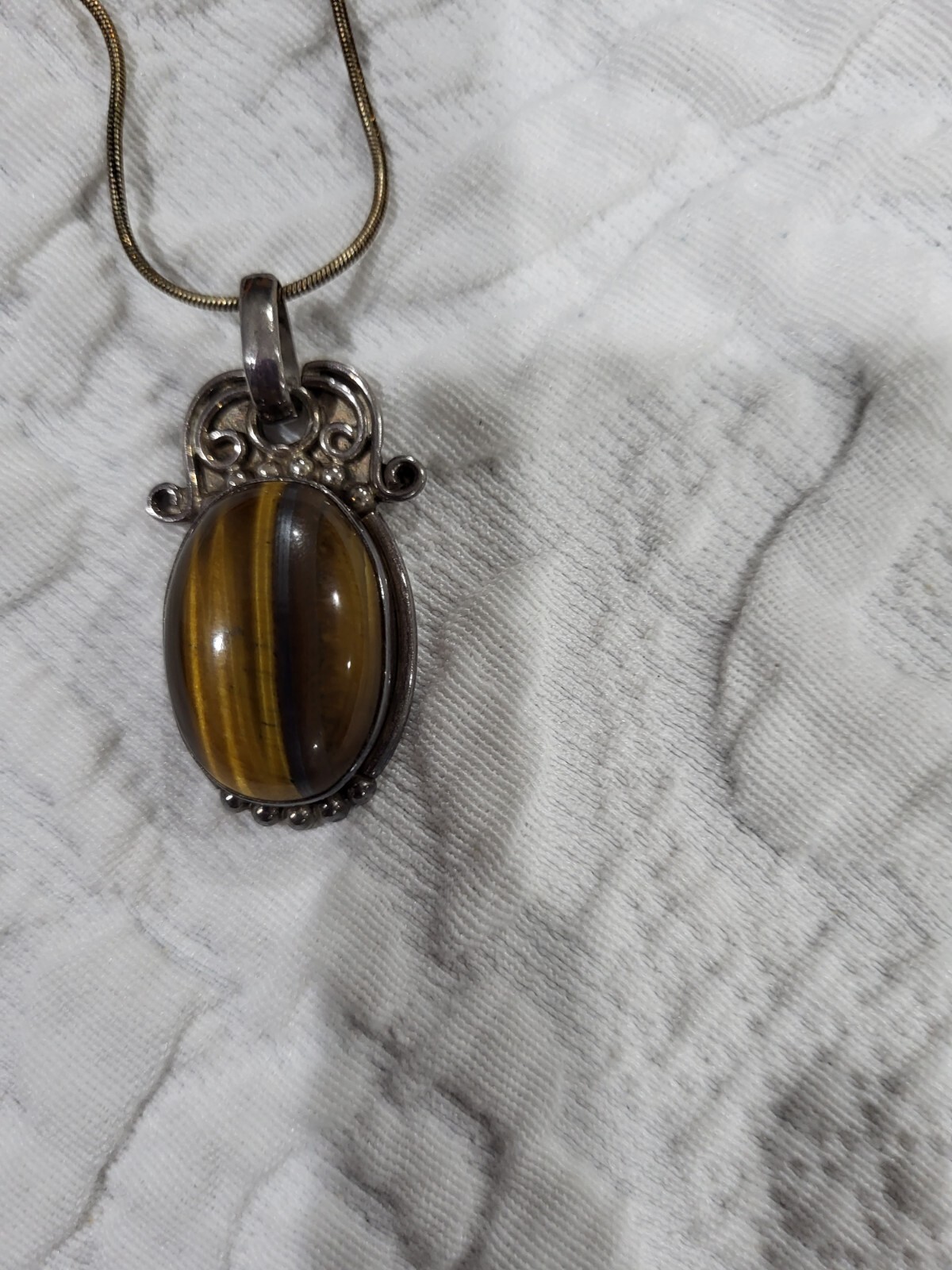 Tiger Eye Sivler Locket with chain. Very old and big Almost 2 inch. See Pict