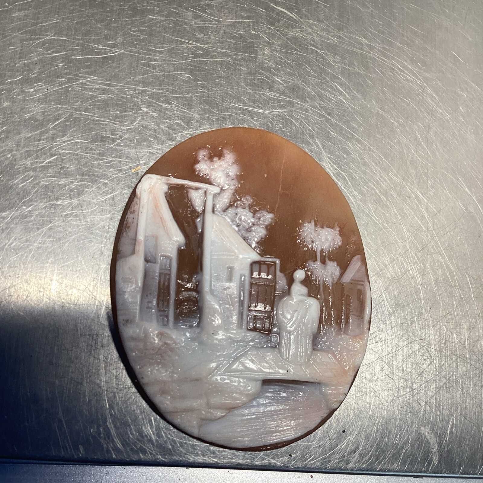 ANTIQUE CARVED SHELL CAMEO, WOMAN WALKING ON BRIDGE, WITH BUILDINGS 41/33mm #131