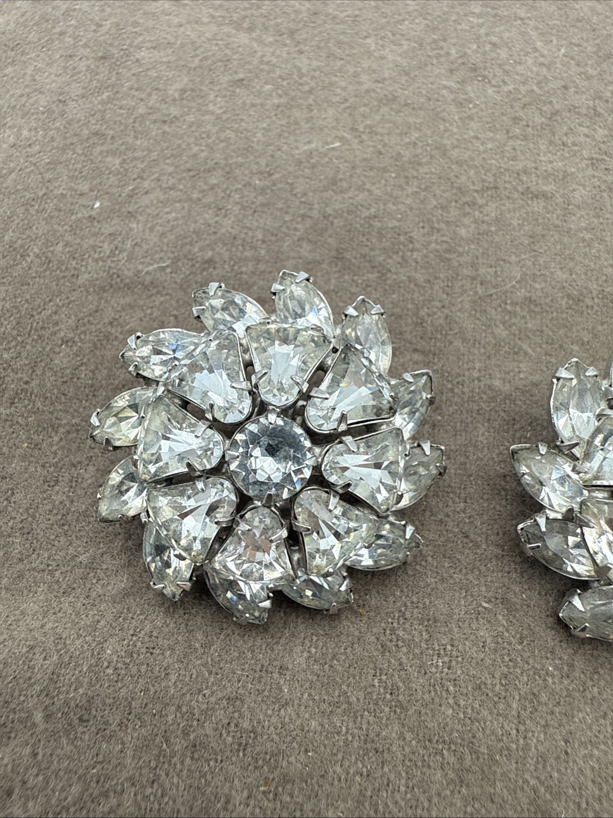 Vintage Clear Rhinestone Tiered Clip On Earrings Silver Tone